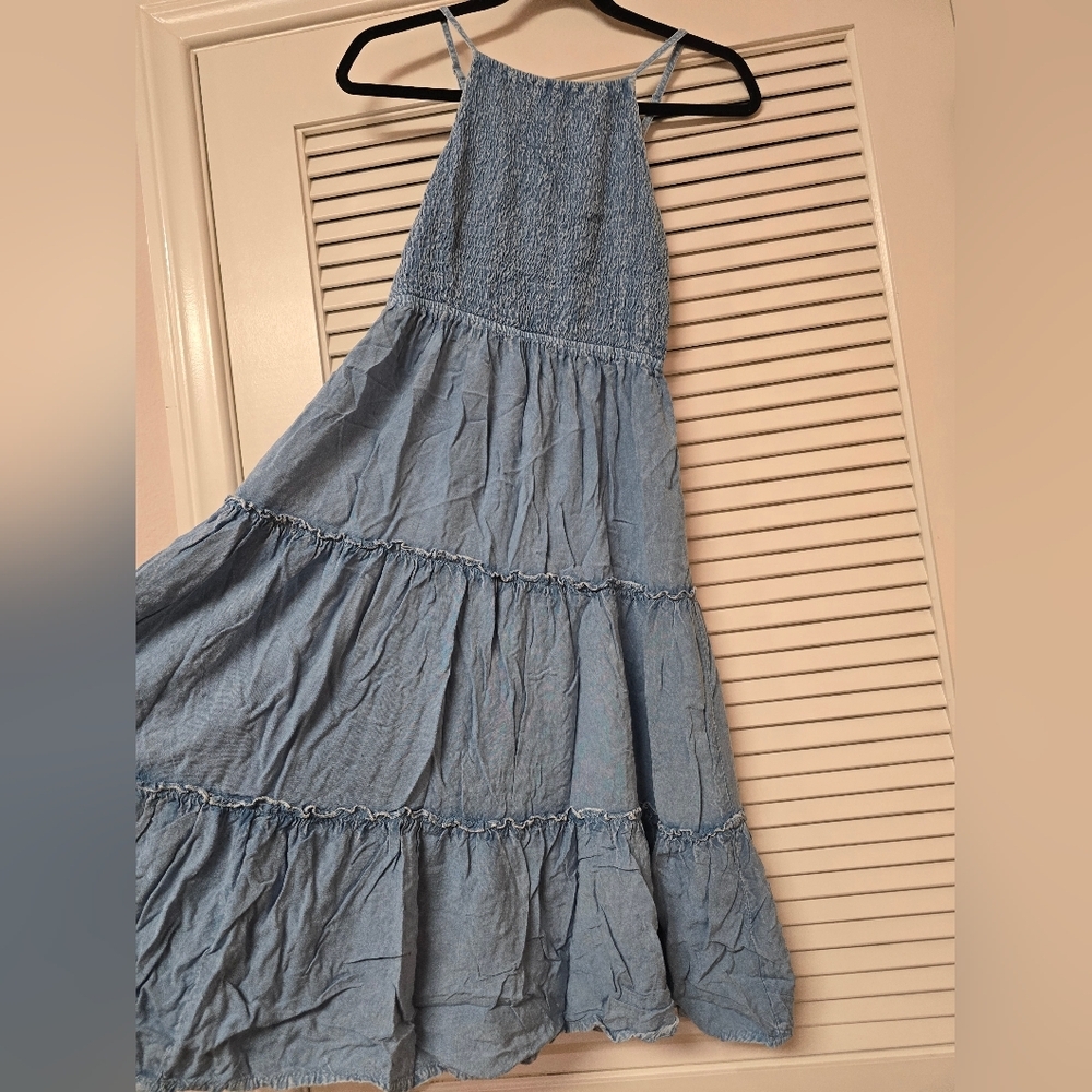 Sim & Sam - Faux Denim Smock Sleeveless Tiered Dress With Adjustable Straps